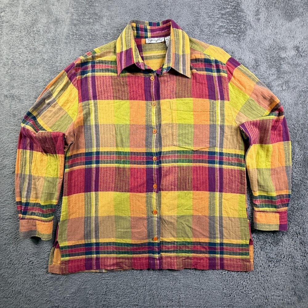Vintage Spiegel Button Up Shirt Mens M Plaid Colorful Woven